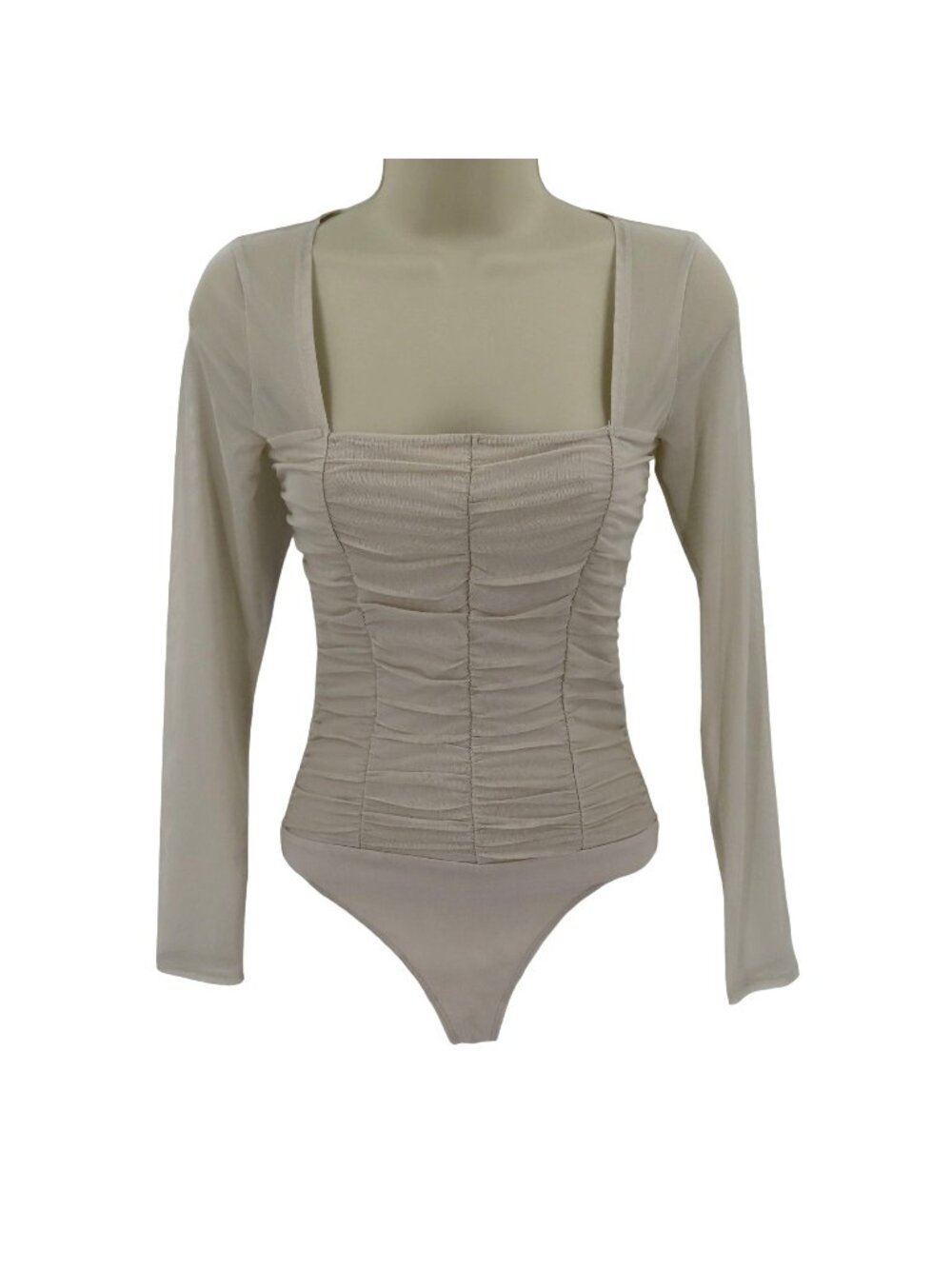 Abercrombie & Fitch Womens XS Beige Sheer Mesh Long Sleeve Ruched Bodysuit
